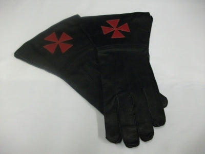 Knights Templar Black Leather Gauntlets with Red Cross