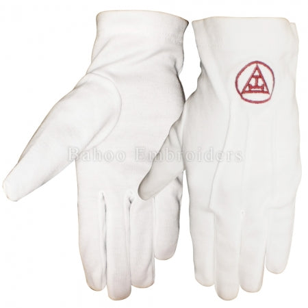 Masonic Royal Arch White Cotton Gloves with Maroon Embroidery