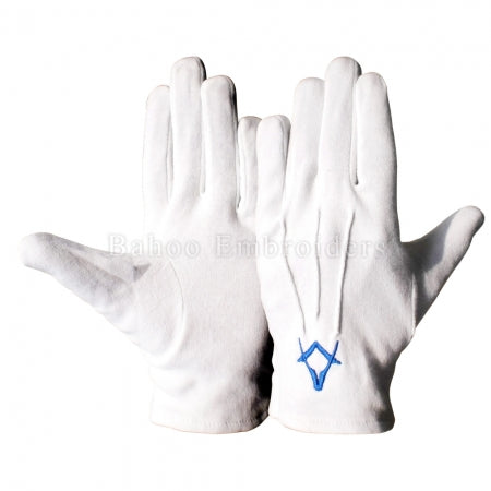 Masonic White Gloves with Square & Compass Embroidery in Blue