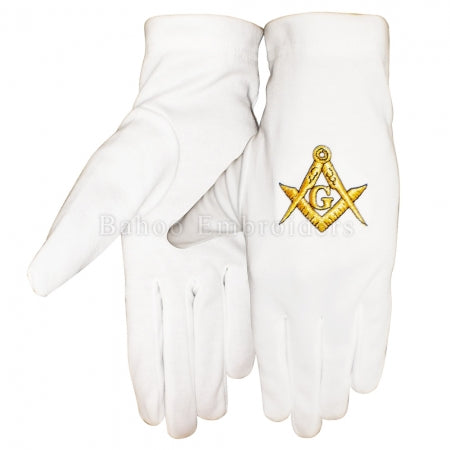 Masonic White Cotton Gloves Gold Embroidered