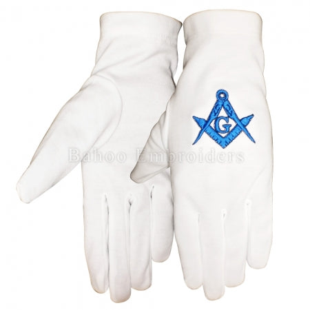 Masonic White Cotton Gloves Embroidered Square & Compass with G