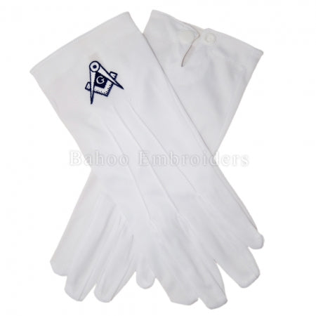 Masonic White Cotton Gloves Square & Compass Embroidery